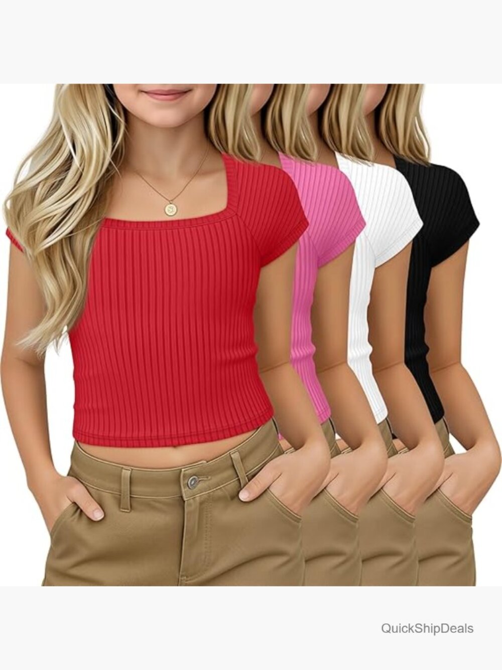 4 Pack Girls Ribbed Knit Crop Tops Square Neck Short Sleeve Shirts